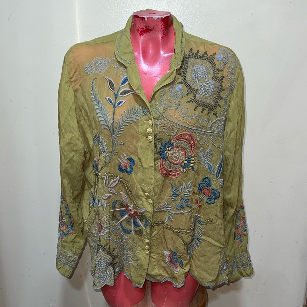 Johnny Was Green and Red Embellished Blouse with Mandarin Collar